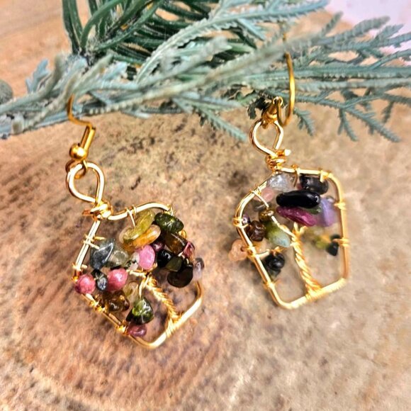 Nature Mixed Tourmaline Chips Crystal Tree Earring - Picture 3 of 10